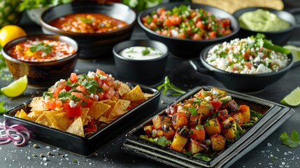Wall Mural - Assorted Mexican Appetizers with Guacamole, Salsa, Nachos and Grilled Spicy Corncobs on Dark Table