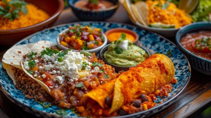 Wall Mural - Colorful Mexican Cuisine Feast with Enchiladas, Guacamole, Salsa, and Tacos on Wooden Table