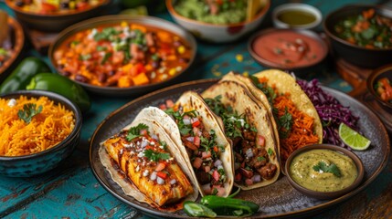 Wall Mural - Authentic Mexican Cuisine Spread with Tacos, Salsa, Guacamole and Rice on Vibrant Table