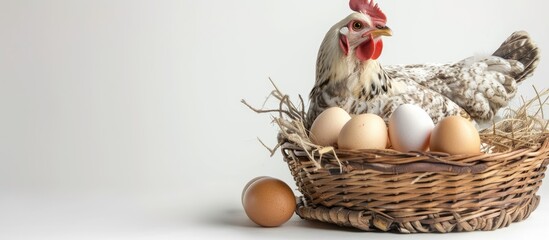 Poster - A chicken is perched in a basket next to freshly laid eggs, all set against a plain white background.