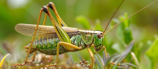 Poster - Close-up of a green grasshopper perched on a leaf in a garden on a sunny day