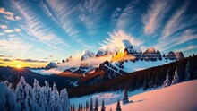 Captivating Video Of Snow-covered Mountains At Sunset. Perfect For Thematic Presentations, Winter Resort Advertisements, And Background Footage.