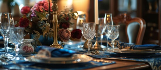 Poster - Elegant table setting with a blue table cloth and a vase of beautiful flowers