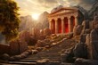 © Surachetsh - panorama of an ancient Greek rock temple, where twilight casts its enchanting glow upon the Doric column ruins, evoking a sense of timeless majesty.