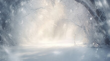 landscape in a winter park, snow falling light background, trees covered with frost in the morning sun and fog, greeting card with a copy  space