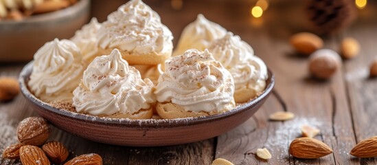 Wall Mural - Creamy whipped cream with crunchy almonds in a ceramic bowl on wooden table