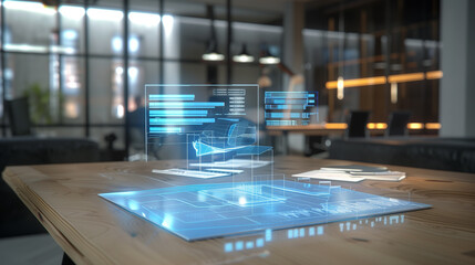 Poster - hologram of a business project on a table, futuristic technology concept, tech project presentation