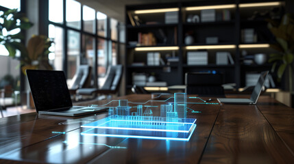 Poster - hologram of a business project on a table, futuristic technology concept, tech project presentation