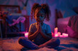 African American girl prays to god in dark children room. Cinematic effect