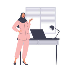 Wall Mural - Woman office manager in hijab standing near the table with laptop, flat vector Muslim business female Islamic fashion