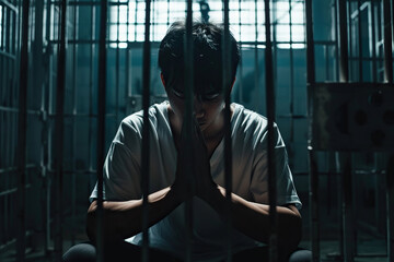 asian man prays to god in dark prison. cinematic effect