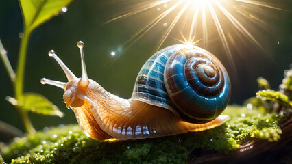 A snail crawling in the garden at sunny day.Generative AI
