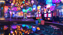 Blurred Image Of Slots Machines At The Casino. Colorful Gambling Background.
