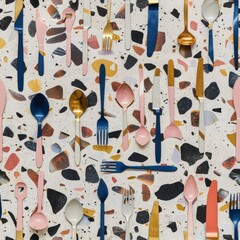 Wall Mural - Seamless cutlery terrazzo texture pattern high resolution 4k, colorful terrazzo for design, architecture, and 3d. HD realistic material polished, surface tileable for creative work and design