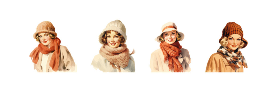 Vintage woman with a smile in a gray vintage coat with a knitted cap watercolor set. Vector illustration design.