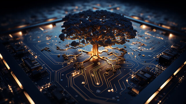 background concept is artificial intelligence, a symbol of nature and growth, a tree of life and a brain integrated and combined with a computer chip, fictional graphics