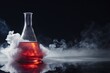A conical flask filled with a glowing red liquid is emitting smoke on a reflective surface