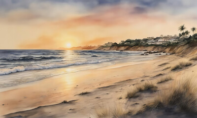 Wall Mural - beautiful seascape with sand dunes, palm trees and sunset