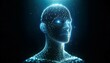 © Czintos Ödön - A futuristic digital wireframe model of a human head and shoulders with a glowing blue outline against a dark background, symbolizing advanced technology and intelligence.AI generated.