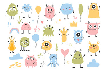 Wall Mural - Set with cute monsters in flat style. Hand drawn kids monsters. vector illustration. Isolated mascot.