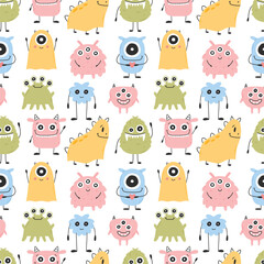 Wall Mural - Childish seamless pattern with cute monster. Vector illustration. Kids print in Scandinavian style. Flat style.