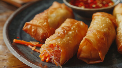 Wall Mural - A close-up scene of golden, crispy fried spring rolls filled with pork, carrots, and glass noodles, glistening under soft, natural light on a rustic ceramic plate.