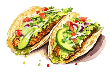 Wall Mural - Delicious, Spicy Mexican Beef Taco on a White Plate with Shredded Lettuce, Tomato, and Cheese, Stuffed in a Corn Tortilla, Topped with Salsa and Guacamole, Closeup Shot.