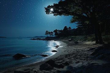 Wall Mural - Night seascape. Seashore in the moonlight. Generated by artificial intelligence