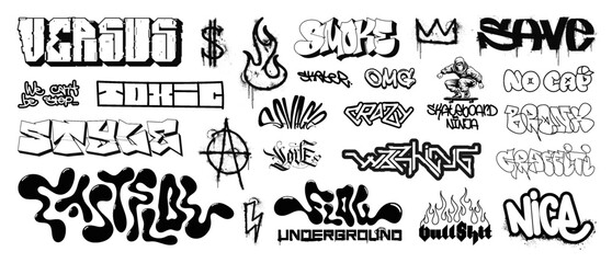 Poster - Graffiti street art, urban culture tags, lettering, gothic calligraphy and urban art. Isolated black street graffiti, graphic box with spray effect, inks splash, dripping paint. Hip hop style. Vector