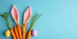 Creative Easter setup with carrots as bunny ears and handmade textile eggs on a serene pastel blue background.