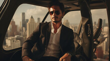 Handsome Latino Man With Model Looks, Flying On A Private Helicopter Over City Skyscrapers.
