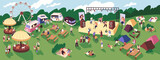 Fototapeta  - Funfair with food trucks, picnic tables panorama. People camping during open air music festival. Crowd fun on attractions, carrousel, ferris wheel. Musicians perform on satge. Flat vector illustration