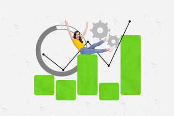 Poster - Collage creative poster image beautiful cheerful successful young woman hard work sit green statistics diagram data white background