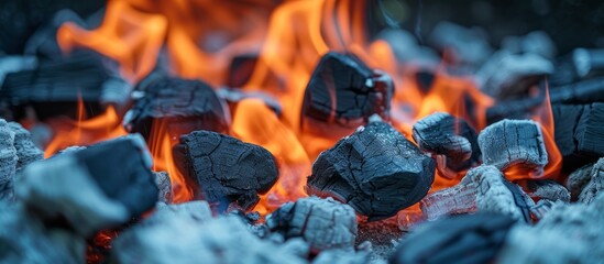 Wall Mural - Intense close up of fiery coal burning with vibrant flames and glowing embers