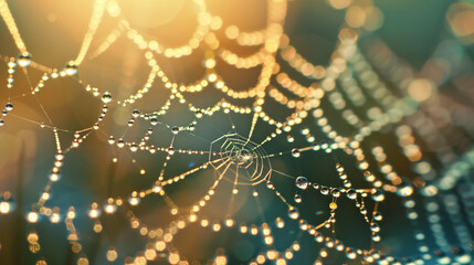 A spider web with dewdrops against the sunrise background