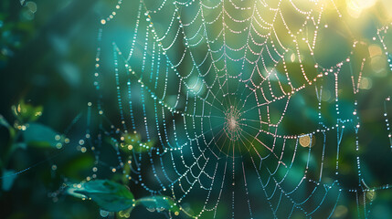 A spider web with dewdrops against the sunrise background