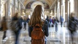 Fototapeta Uliczki - A student stands in the corridor of a university campus. Dynamic background blur. Back view