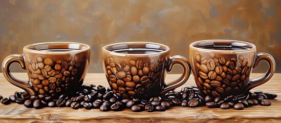 Poster - Three coffee mugs are placed on a table, each filled with aromatic coffee beans. The beans spill out, creating a cozy and inviting scene.