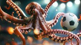 Fototapeta Fototapety sport - Octopus in goalie gear, diving for a soccer ball mid-match, stadium lights ablaze, 3D animation, hyper-realistic texture, 4K resolution, dynamic action pose