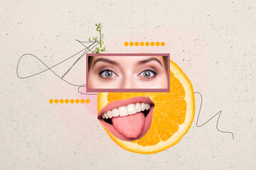 Poster - Collage creative picture image caricature half slide orange citrus element human eyes mouth doodle sketch unusual template banner