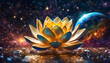 Lotus Blüte geöffnet Blume Erkenntnis Gold glänzend in vor Hintergrund Universum leuchtender Sterne Galaxien Lilie Wasser Spirituelle Erkenntnis neue Erde Erwachen Achtsamkeit Erleuchtung Buddha 