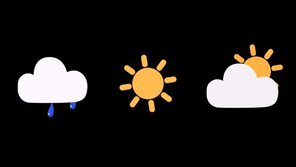 a set of animated icons for the weather forecast, sun, clouds, rain on a black background