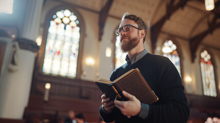 Man with glasses in a church holding the bible 