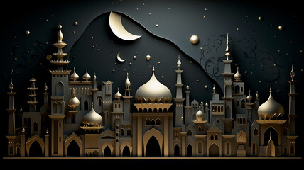 Wall Mural - golden arab palace greeting lights up at night fairy tale black background.