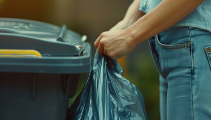 Hands throwing away a plastic rubbish bag with inorganic rubbish, protecting the environment, littering the planet