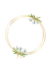 Gold double round frame with two bouquets of snowdrops. Illustration on a transparent background for the design of cards, invitations, etc.