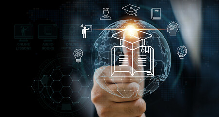 Wall Mural - human with technology internet learning and study online class webinar technology, e-learning, onlin
