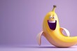 An exuberant banana character with a wide, beaming smile, against a minimalist, soft lavender background.