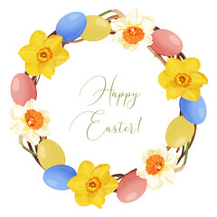 Canvas Print - Easter wreath with daffodils and eggs. Frame, invitation, greeting card. Stock vector illustration on a white background.