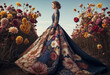 Fashion portrait of a young woman in fantasy dress in surreal outdoor settings. A blend of baroque and rococo styles. Fashion concepts, floral, beauty, elegance, and artistic designs.